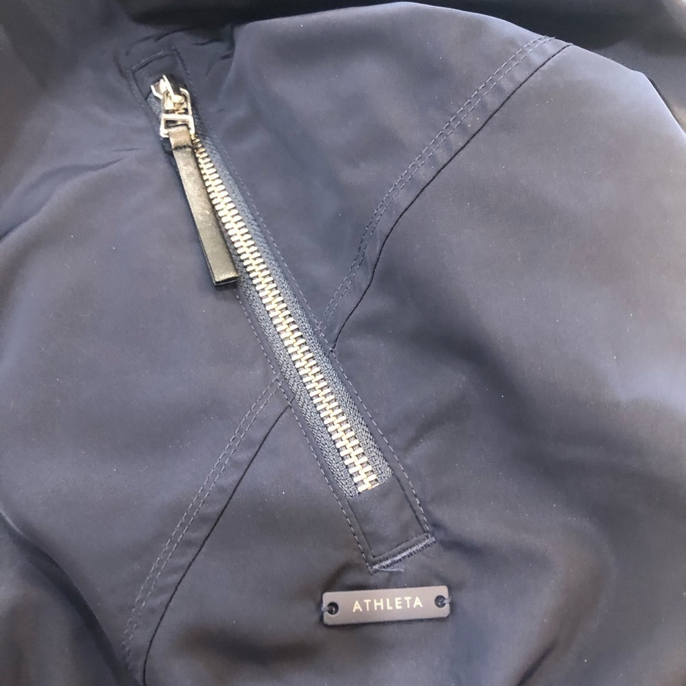 Athleta Chill Bomber Jacket Cropped Fully Lined Front Zip Drawstrings Navy Blue - Picture 10 of 15